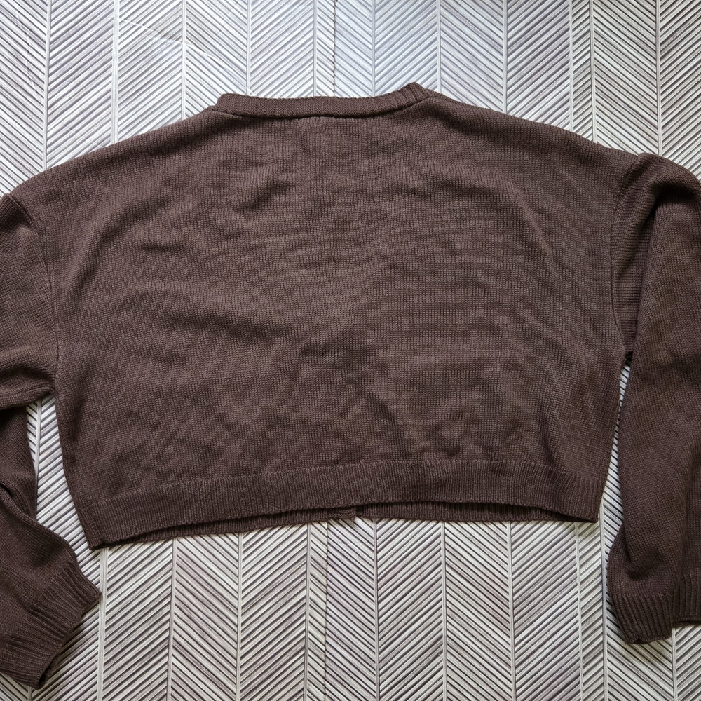 Cropped Brown Cardigan Sweater Embroidered Sun Pockets V-Neck Button Front Large - Picture 2 of 15